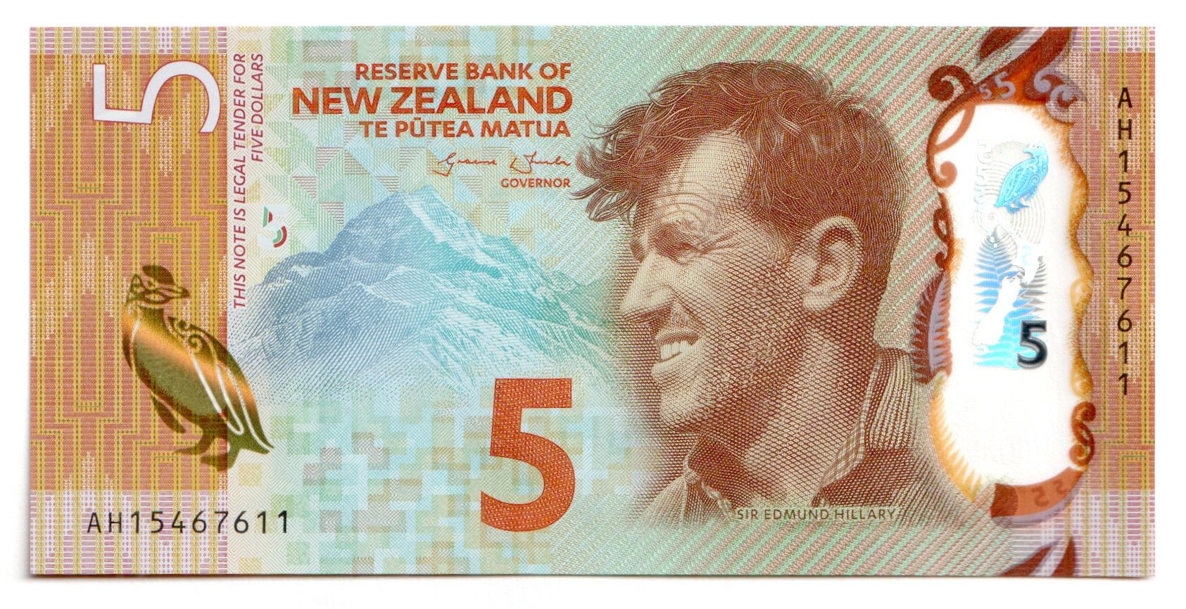 5 dollar new Zealand note with the face of Edmund Hillary